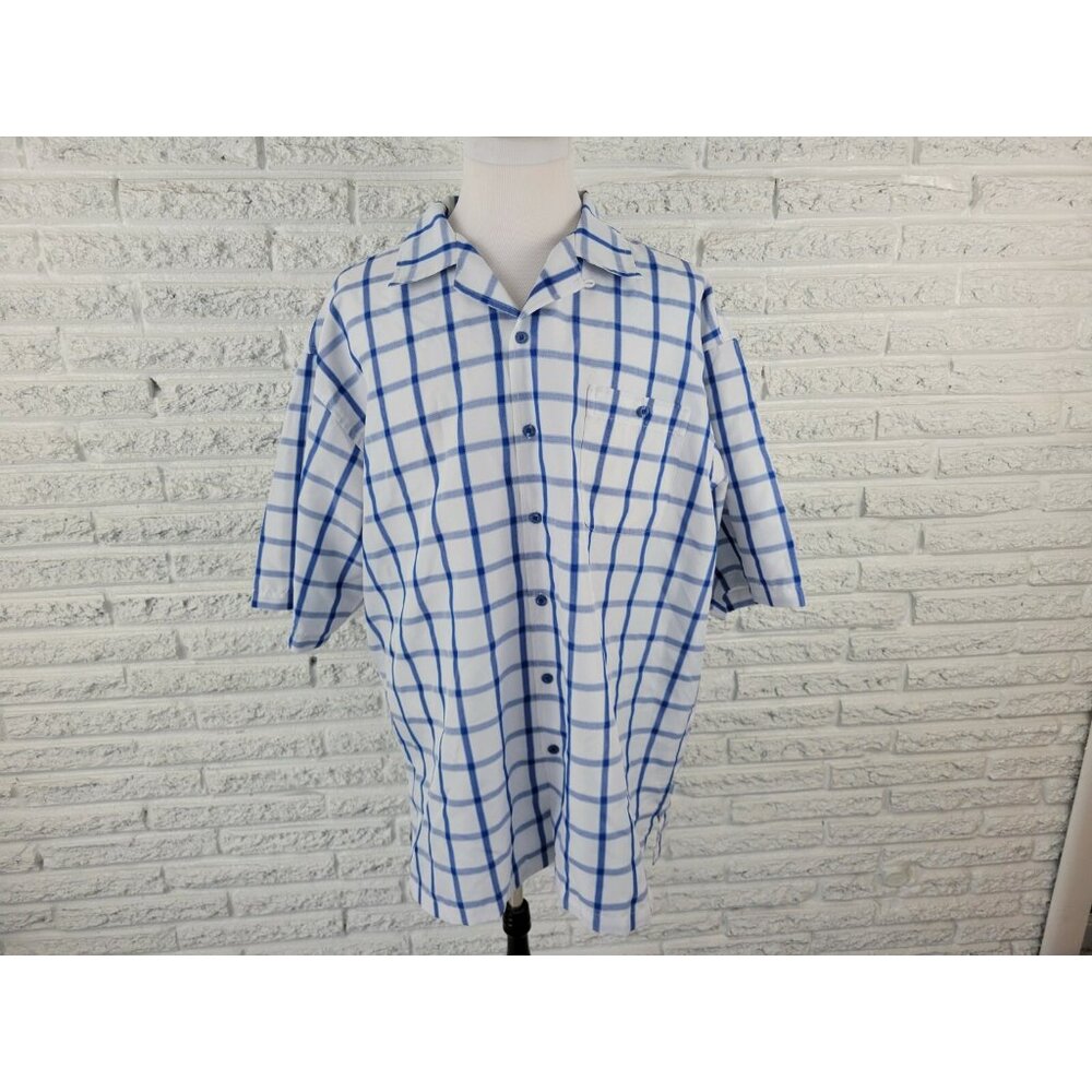GB Black Label Mens Shirt 3XL Button Up Short Sleeve Polyester Blue Plaid PLA2E